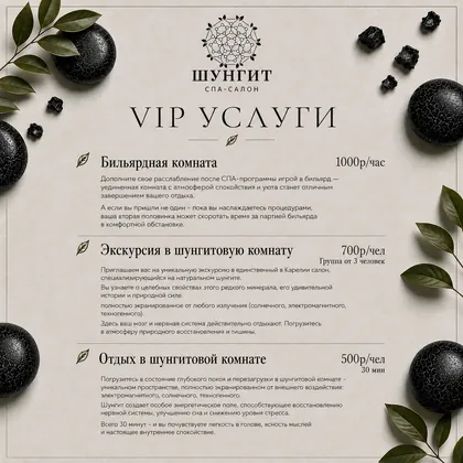 Прайс-лист, стр. 17: VIP-услуги: бильярдная комната, экскурсия в шунгитовую комнату, отдых в шунгитовой комнате